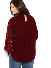 Load image into Gallery viewer, Romwe Women's Plus Elegant Pearls Beaded Long Sleeve Blouse Top Burgundy 0XL
