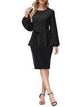 Load image into Gallery viewer, Kate Kasin Self Tie Dressy Work Blouse Tunic Tops Crew Neck Long Sleeve A Line Peplum Shirt Top Black X-Large