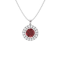 Load image into Gallery viewer, Diamondere Natural and Certified Ruby and Diamond Halo Petite Necklace in 14k White Gold | 0.61 Carat Pendant with Chain
