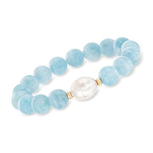 Load image into Gallery viewer, Ross-Simons 12-13mm Cultured Baroque Pearl and 140.00 ct. t.w. Milky Aquamarine Stretch Bracelet With 14kt Yellow Gold For Women