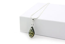 Load image into Gallery viewer, 925 Sterling Silver Teardrop Necklace with Natural Baltic Green Amber. Gemstone Pendant for Girls, Teens, Women. 20" Snake Chain Included