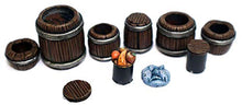 Load image into Gallery viewer, War World Gaming Fantasy Village Street Market Stall and Barrels Set – 28mm Heroic Scale Wargaming Terrain Model Diorama Scenery Wargame Tabletop Medieval Battle Wargame Battleboard