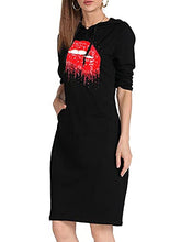Load image into Gallery viewer, MAGICMK Women Long Sleeve Print Lips Slim Fitted Knee Length Sweatshirt With Pocket Casual Pullover Hoodie Dress (HBLACK+PURPLE, S)