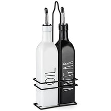 Load image into Gallery viewer, Farmhouse Oil and Vinegar Dispenser Set by Brighter Barns - Black & White Olive Oil Dispenser Bottle with Caddy Holder & Stainless Steel Spout - Cute Modern Vintage Glass Cruet for Kitchen -500ml 17oz