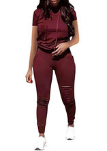 Load image into Gallery viewer, Women Casual 2 Piece Sport Outfits Short Sleeve Ripped Hole Pullover Hoodie Sweatpants Set Jumpsuits (Wine Red, XL)