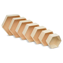Load image into Gallery viewer, Wooden Hexagon Floating Shelves with Backs, Set of 7, Unfinished for Crafts and DIY Wall Décor: Modern, Geometric, Rustic, or Honeycomb, by Woodpeckers