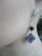 Load image into Gallery viewer, Carpenters Star Quilt Block Earrings, Sterling Silver, Black Obsidian Quilters Jewelry, Limited Edition Polymer Clay HST