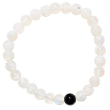 Load image into Gallery viewer, CHARGED Distance Bracelet - Premium 7" Rainbow Moonstone & Black Tourmaline Crystal 8mm Bead Bracelets Tumble Polished Stretchy + Selenite Charging Heart Included (HEALING ENERGY / PSYCHIC PROTECTION)