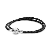 Load image into Gallery viewer, PANDORA Jewelry Black Leather Charm Sterling Silver Bracelet, 13.8"