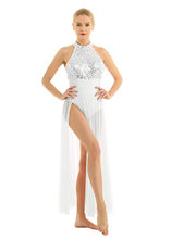 Load image into Gallery viewer, Freebily Women's Halter Sequins Lyrical Dress Contemporary Ballet Dance Costume Leotard Flowy Split Skirt White Large
