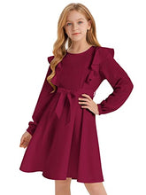 Load image into Gallery viewer, Quedoris Girls Ruffle Trim Long Sleeve Belted Dress with Zipper Wine Fall 150Y