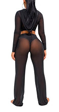 Load image into Gallery viewer, Bluewolfsea Women's Sexy Party Club Mesh See Through Zipper Hoodie Crop Tops and Pants Set Wide Leg Long Pants Jumpsuit Large Black