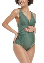 Load image into Gallery viewer, EastElegant Maternity V-Neck Swimsuits One Piece Multiple Criss Cross Back Bikini Army Green,Small