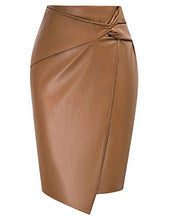 Load image into Gallery viewer, Kate Kasin Zipper Business Casual Leather Pencil Skirts for Women Side Wrap Knot Knee Length High Waist Elegant Skirts Brown M