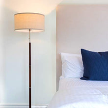 Load image into Gallery viewer, Brightech Carter - Floor Lamp for Mid Century Modern Living Rooms - Contemporary Office & Bedroom Standing Light - Tall Pole, Drum Shade Lamp with Walnut Wood Finish