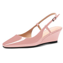 Load image into Gallery viewer, MODENCOCO Women's Pink Patent Wedge Low Heel Buckle Square Toe Slingback 2 Inch Pumps Shoes Size 11 - Sandalias de Tacon Bajo para Mujer