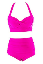 Load image into Gallery viewer, Adisputent Womens High Waisted Bathing Suits Push Up Halter Top Ruched Bottoms Bikini Sexy Tummy Control Two Piece Swimsuits Rose XXL