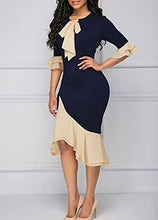 Load image into Gallery viewer, YACUN Women Half Sleeve Bow Tie Neck Work Dress Knee Length Bodycon Dresses Cocktail Darkblue S