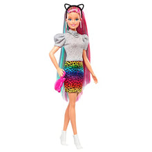 Load image into Gallery viewer, Barbie Leopard Rainbow Hair Doll (Blonde) with Color-Change Hair Feature, 16 Hair & Fashion Play Accessories Including Scrunchies, Brush, Fashion Tops, Cat Ears, Cat Purse & More