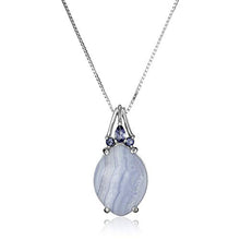 Load image into Gallery viewer, .925 Sterling Silver Genuine Blue Lace Agate and Iolite 1" Oval Pendant Necklace on 18" Box Chain