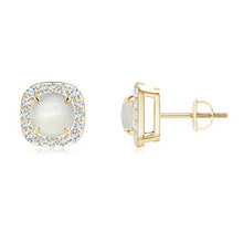 Load image into Gallery viewer, June Birthstone - Claw-Set Moonstone and Diamond Cushion Halo Stud Earrings in 14K Yellow Gold (6mm Moonstone)