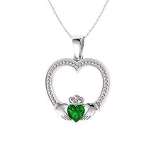 Load image into Gallery viewer, Diamondere Natural and Certified Heart Cut Emerald Claddagh Necklace in 14k White Gold | 0.22 Carat Pendant with Chain