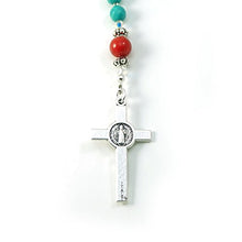 Load image into Gallery viewer, Silver Inches Catholic Prayer Beads Turquoise Coral Saint Benedict Catholic Rosary with Swarovski Beads Blessed with Anointing Oil (Not a Necklace)