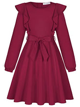 Load image into Gallery viewer, Quedoris Girls Ruffle Trim Long Sleeve Belted Dress with Zipper Wine Fall 150Y