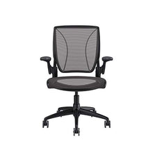 Load image into Gallery viewer, Humanscale Diffrient World Chair | Pinstripe Black Mesh Seat and Back | Black Frame with Black Trim | Height-Adjustable Duron Arms | Standard Foam Seat, 3" Carpet Casters, and 5" Cylinder