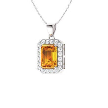 Load image into Gallery viewer, Diamondere Natural and Certified Emerald Cut Citrine and Diamond Halo Necklace in 14k White Gold | 1.68 Carat Pendant with Chain