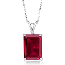 Load image into Gallery viewer, Gem Stone King 925 Sterling Silver Red Created Ruby and White Diamond Pendant Necklace (8.02 Ct Emerald Cut 14X10MM, with 18 Inch Silver Chain)