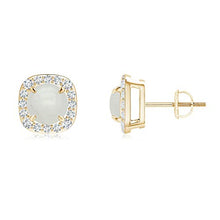 Load image into Gallery viewer, June Birthstone - Claw-Set Moonstone and Diamond Cushion Halo Stud Earrings in 14K Yellow Gold (6mm Moonstone)