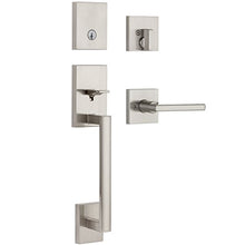 Load image into Gallery viewer, Kwikset 98180-002 San Clemente Single Cylinder Low Profile Handleset Front Door Lock with Halifax Lever featuring SmartKey Security in Satin Nickel