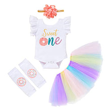 Load image into Gallery viewer, Baby Girl 1st Birthday Cake Smash Outfits Donuts Romper+Tutu Skirt+Headband+Leg Warmers Clothes 4Pcs Set(Colorful 1, 9-12 Months)