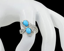 Load image into Gallery viewer, Natural Two Stone 7X5 MM Oval Sleeping Beauty Turquoise Cabochon Gemstone 925 Sterling Silver December Birthstone Solitaire Unisex Proposal Ring Anniversary Gift For Wife (Yellow Gold Rhodium Plated Silver, 8)