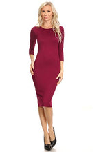 Load image into Gallery viewer, ICONOFLASH Women's Burgundy Dresses 3/4 Sleeves Crew Neck Bodycon Midi Dress Size Medium