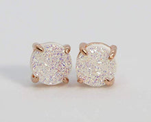 Load image into Gallery viewer, White Druzy Gemstone Prong Set Stud Earring- 8mm- Rose Gold- Women's Jewelry Mother's Day Gift Idea- Wedding- Graduation