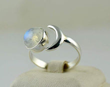 Load image into Gallery viewer, Rainbow Moonstone 925 Sterling Silver Crescent Moon Handmade Women Ring US Size 7.0