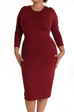Load image into Gallery viewer, ICONOFLASH Women's Burgundy Dresses 3/4 Sleeves Crew Neck Bodycon Midi Dress Size Medium