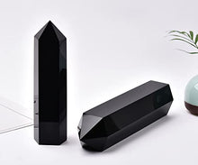 Load image into Gallery viewer, MOGEMT Large Black Obsidian Crystal Tower Natural Healing Crystal Point Wand Obelisk 6 Faceted Reiki Chakra Meditation Therapy Home Decor Gift 1.5-2 LBS