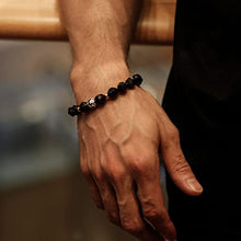 Load image into Gallery viewer, AWNL Men's Nuummite Woven Drawstring Beaded Bracelet with Sterling Silver Centre Charm (10mm Gemstone), 6.7''-7.5''