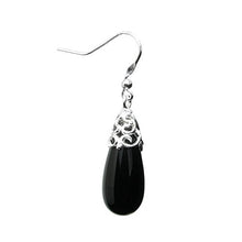 Load image into Gallery viewer, Sterling Silver Black Natural Onyx Teardrop Dangle Filigree Flower French Hook Earrings