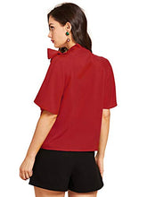 Load image into Gallery viewer, SheIn Women's Casual Side Bow Tie Neck Short Sleeve Blouse Shirt Top Medium Red