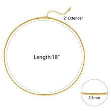 Load image into Gallery viewer, luxval 18K Gold Chain for Men, 2.5MM Solid Rope Chain for Women, Gold Plated Chain Necklaces Diamond Cut Jewelry, 18"+2"