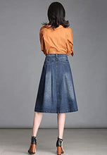 Load image into Gallery viewer, VNDFLAG Button Front Denim Skirts for Women Knee Length A-Line Pleated Wrap Midi Blue Jean Skirt Size S