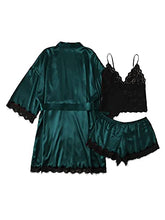 Load image into Gallery viewer, LYANER Women's Lace Cami Top and Shorts Satin Silk Lingerie Set with Robe Pajamas Sleepwear Dark Green Small