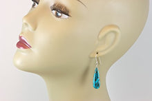 Load image into Gallery viewer, Sterling Silver Blue Turquoise Earrings Long Coppery Mosaic Veining Dangle Narrow Teardrops Smooth Drops