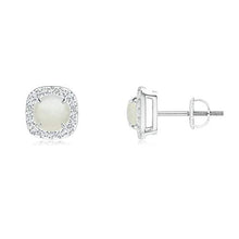 Load image into Gallery viewer, June Birthstone - Claw-Set Moonstone and Diamond Cushion Halo Stud Earrings in Platinum (5mm Moonstone)