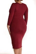 Load image into Gallery viewer, ICONOFLASH Women's Burgundy Dresses 3/4 Sleeves Crew Neck Bodycon Midi Dress Size Medium