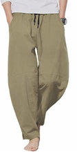 Load image into Gallery viewer, perdontoo Men's Linen Cotton Loose Fit Casual Lightweight Elastic Waist Summer Pants (X-Large, Olive)